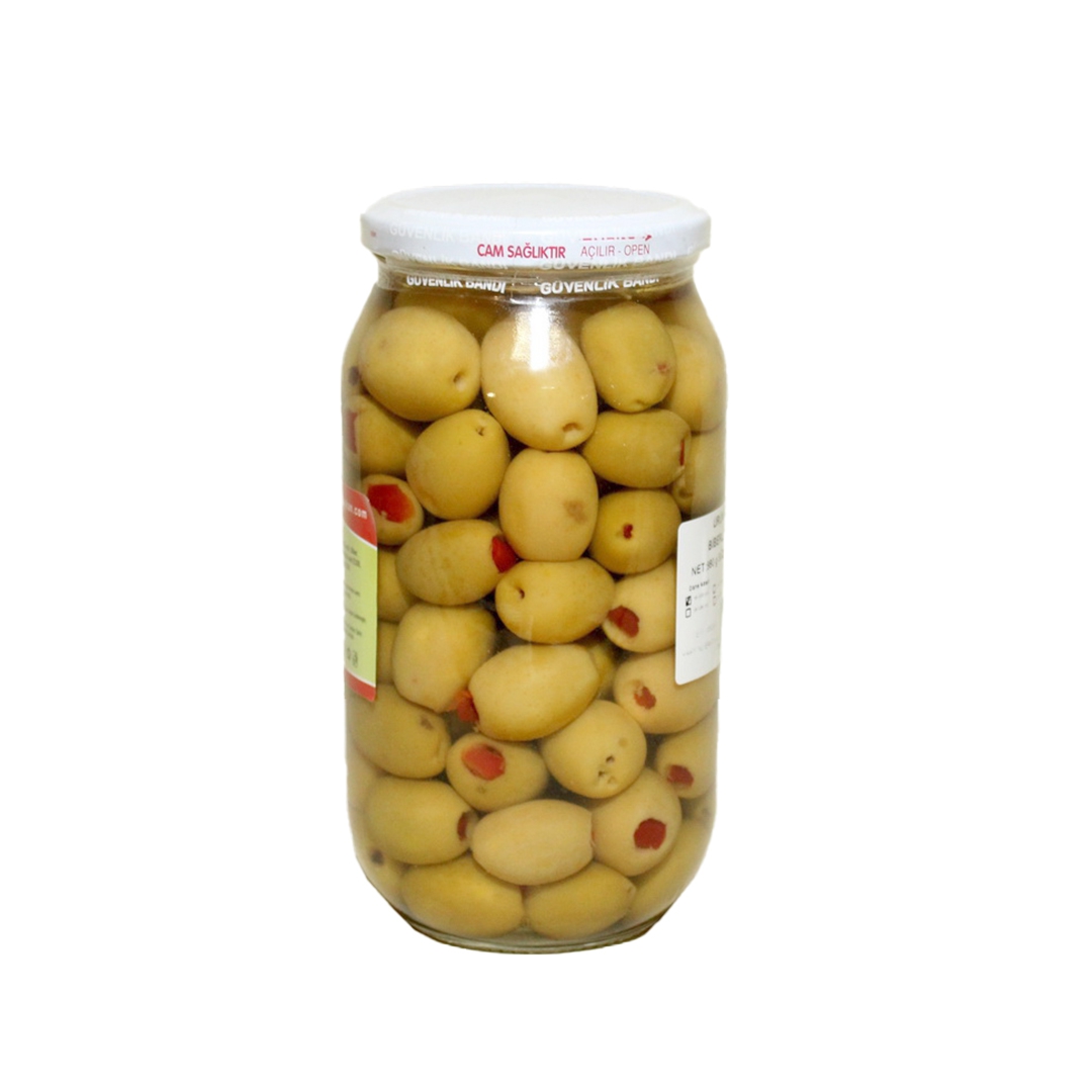 Biber%20Dolgulu%20Yeşil%20Zeytin%201%20lik%20Cam%20161-180%20(3XL)%20Net:%20650%20g