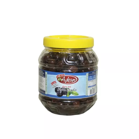 Yeni hasat Edremit Kuru Sele Siyah Zeytin 1 lik Pet 171-200 (2XL) Net: 1000 g