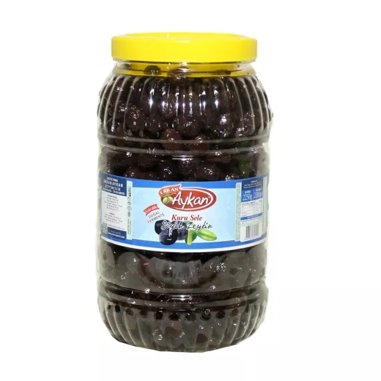 Yeni hasat Edremit Kuru Sele Siyah Zeytin 3 lük Pet 231-260 (L) Net: 2200 g