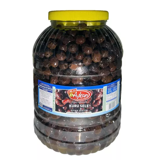 Yeni hasat Edremit Kuru Sele Siyah Zeytin 5 lik Pet 171-200 (2XL) Net: 3800 g